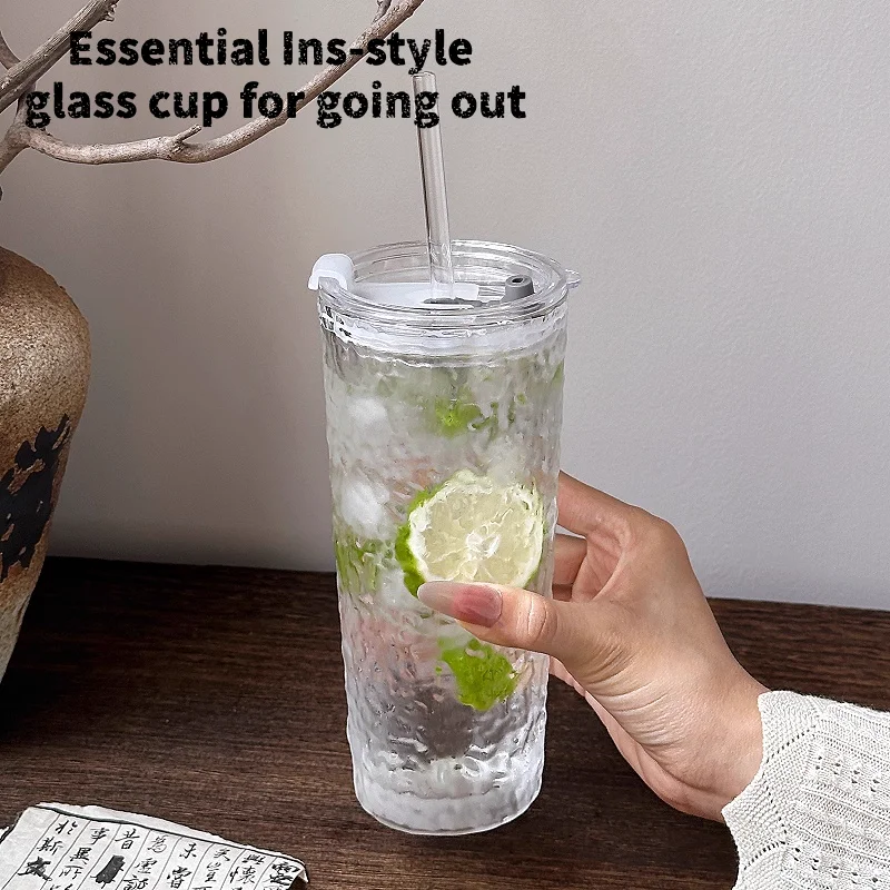 كوب عصير شفاف ذو مظهر عالي القيمة، كوب زجاجي جديد، كوب ماء للمكتب، مشروب ذو سعة كبيرة مع كوب من القش بغطاء ﻿