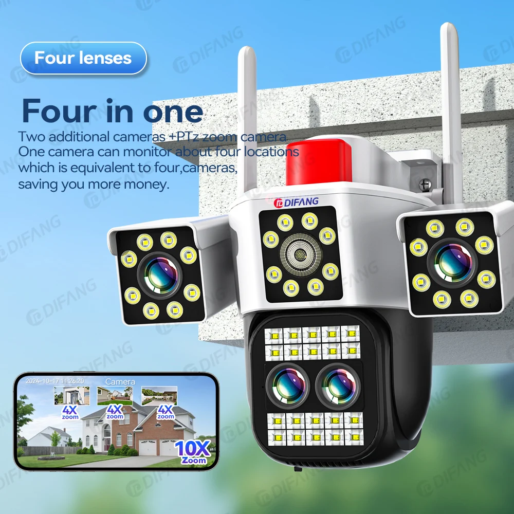 10K WiFi IP Camera Outdoor Four Lens Four Screen CCTV 10X Zoom Video Surveillance Camera Auto Tracking PTZ Security Camera 20MP