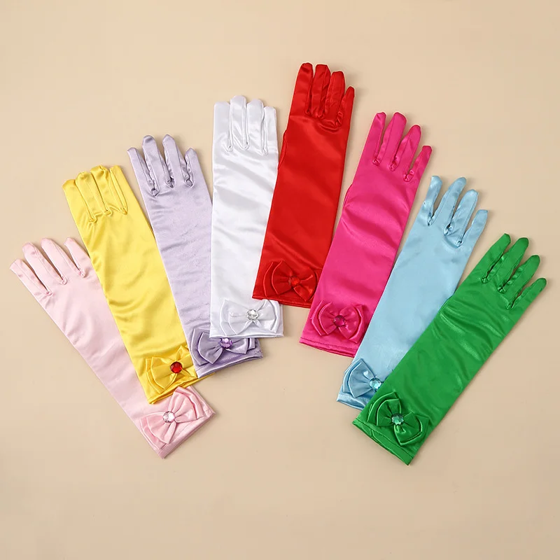 Kinder Satin Pailletten Bogen Lange Handschuhe Prinzessin Dance Performance Bühne Handschuhe Mädchen Solide Volle Finger Fäustlinge Zubehör