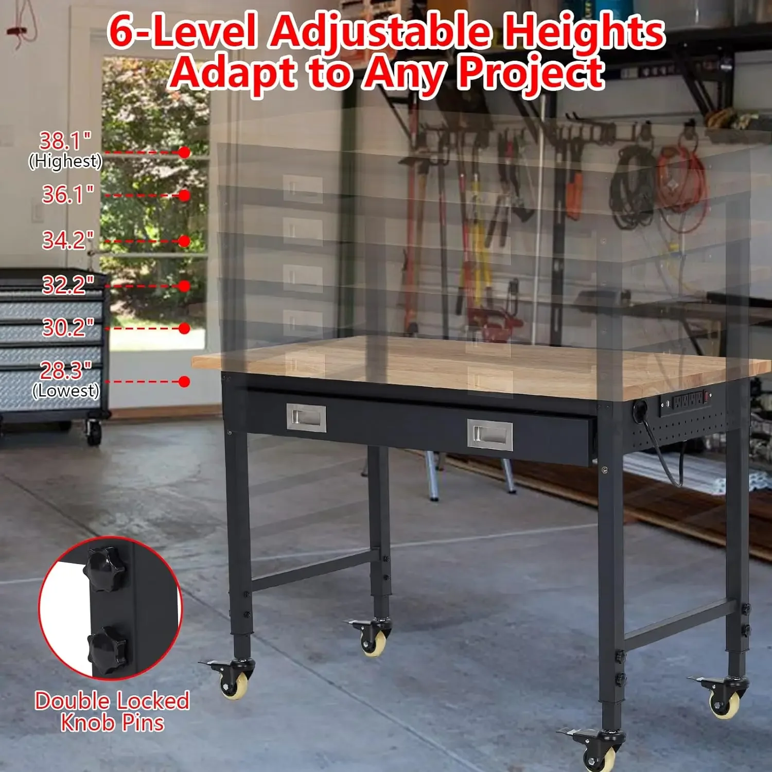 48" X 24" Adjustable Workbench 2000 Lbs Capacity Rubber Wood Shop Table Heavy Duty Workstation Drawer Table Backplate MetalFrame