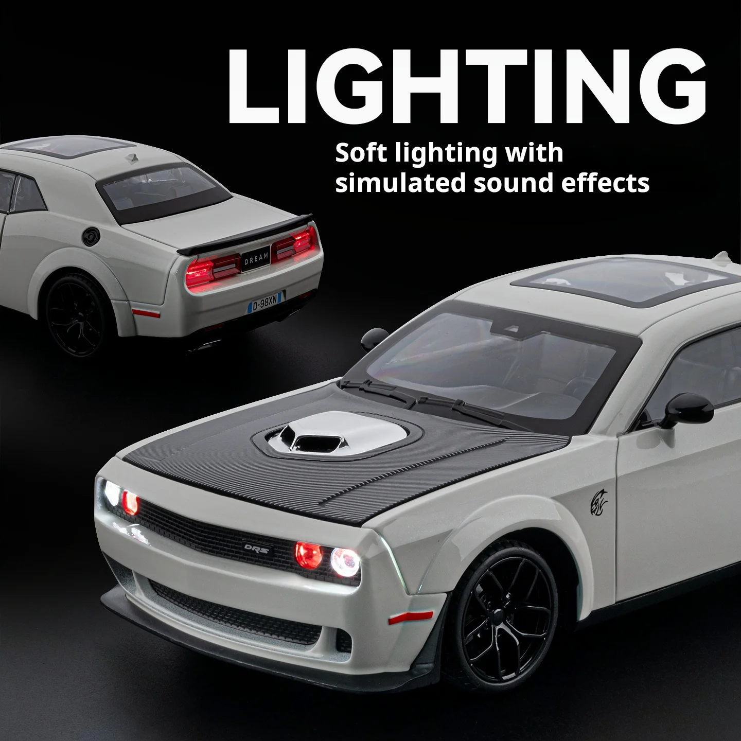 1:18 Dodge Hellcat Alloy Car Model Meow Sound Steering Function American Muscle Sports Car Pull Back Collectible Decoration