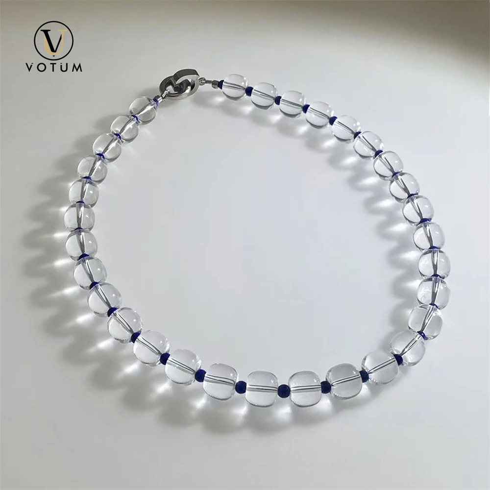 Votum Natural Clear Quartz Lapis Lazuli Beaded Choker Necklace for Women Men White Crystal Blue Stone Healing Necklaces Jewelry