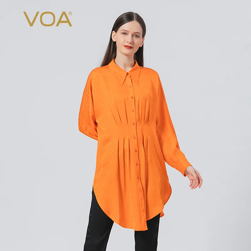 

VOA Autumn New Elegant Silk Jacquard Happy Orange Polo Collar Fold Single Breasted Resin Solid Color Shirt Female Tops BE815