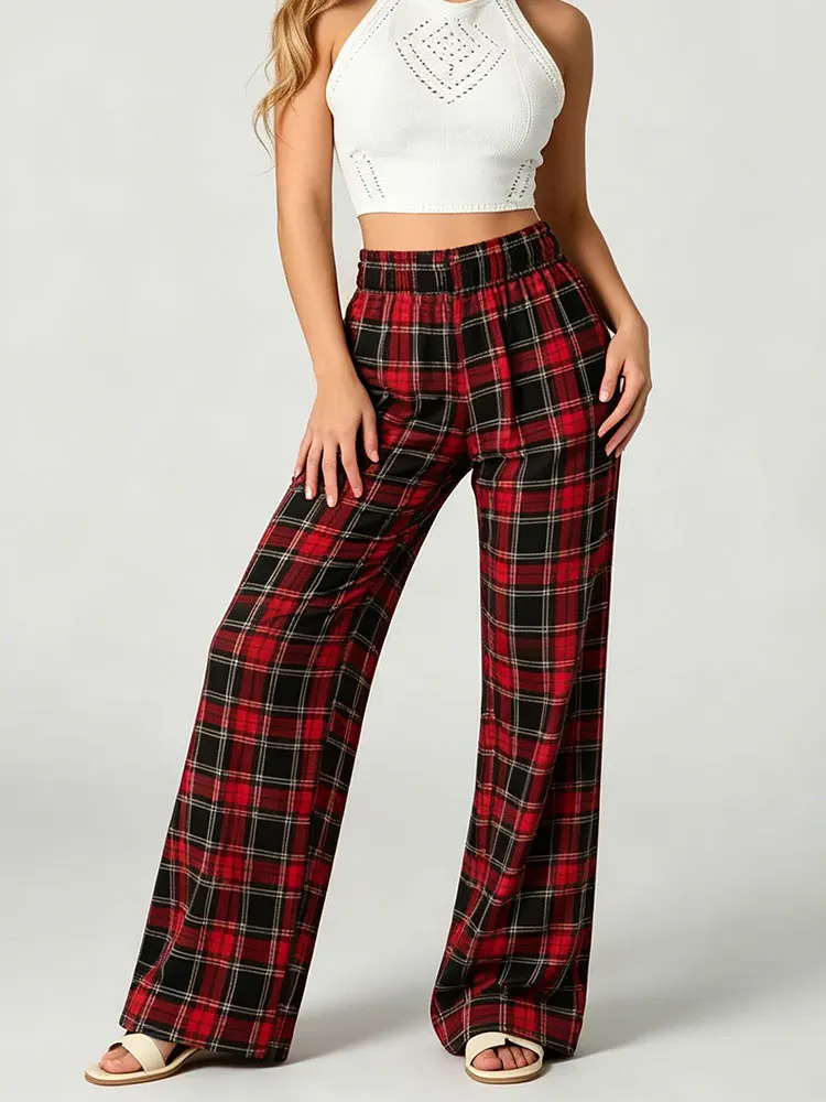 Womens Tartan Wide Leg Pants Ice Silk Draped Straight Leg Trousers Elastic Waist Slim Loungewear For Summer Vacation Home Wear