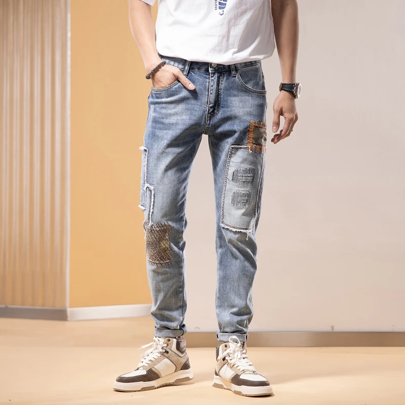Street Fashion Men Jeans Retro Light Blue Elastic Stretch Skinny Spliced Ripped Jeans Men Patched Designer Hip Hop Pants Hombre