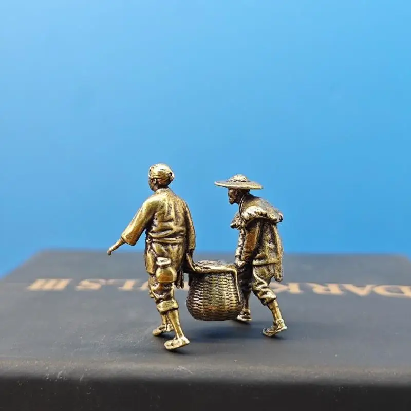 Brass Farmer Carrying A Bamboo Basket Miniature Landscape Figure Model Artificial Hill Ancient Style