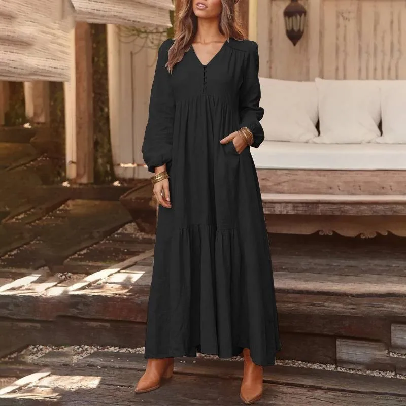 

Women's Dresses 2025 Spring Autumn Fashion V-neck Button Retro Casual Long Sleeve Dress Large Hem Long Dress Female New Vestidos