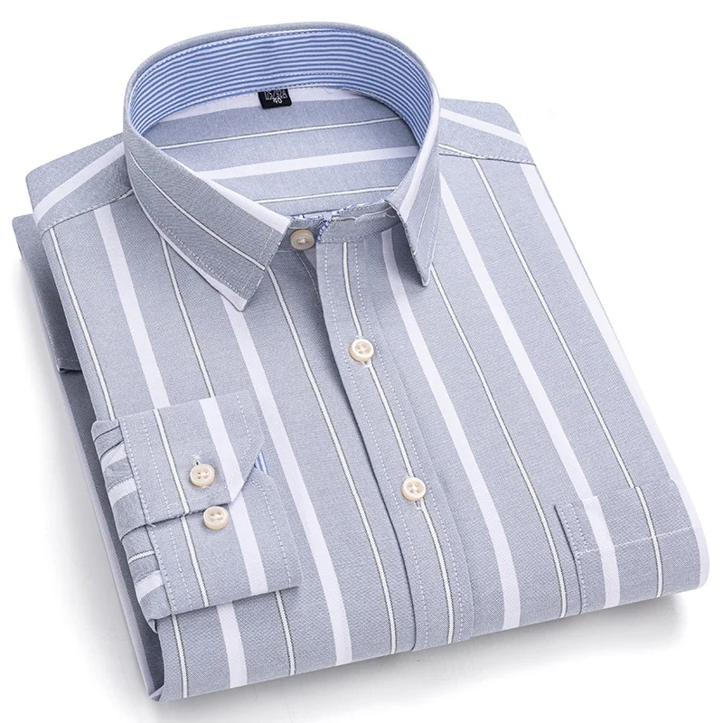 New Men's Social Shirt Long Sleeves 100% Pure Cotton Oxford Soft Buttoned Plaid Formal Male Clothes Pocket Social Shirt S-7XL