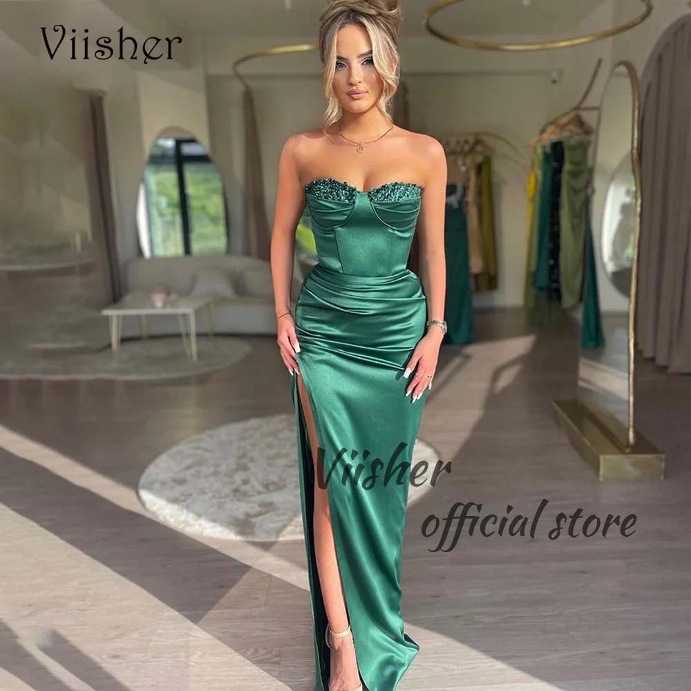 Viisher Green Mermaid Evening Dresses with Slit Beads Sweetheart Sexy Bodycon Prom Party Dress Floor Length Women Formal Gowns