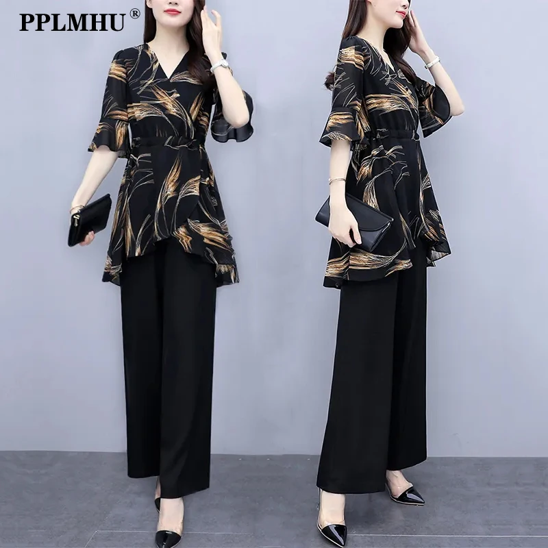 Korean Fashion Loose Wide Leg Pant Suit Women Plus Size 4Xl Casual Two Piece Set Elegant Irregular Print Blouse Female Outfits