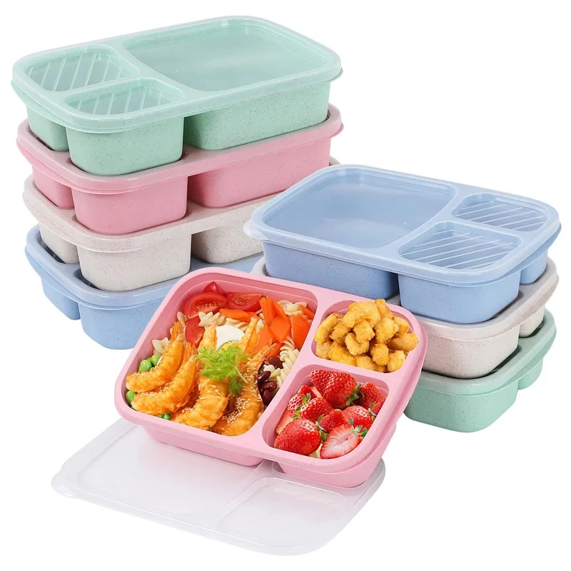 Juego de Loncheras Bento de 1 a 4 Piezas, Contenedores de Almacenamiento de Alimentos con 3 Compartimentos, Lonchera de Fibra de Trigo para Preparación de Comidas, Contenedor de Almacenamiento de Alimentos de Plástico