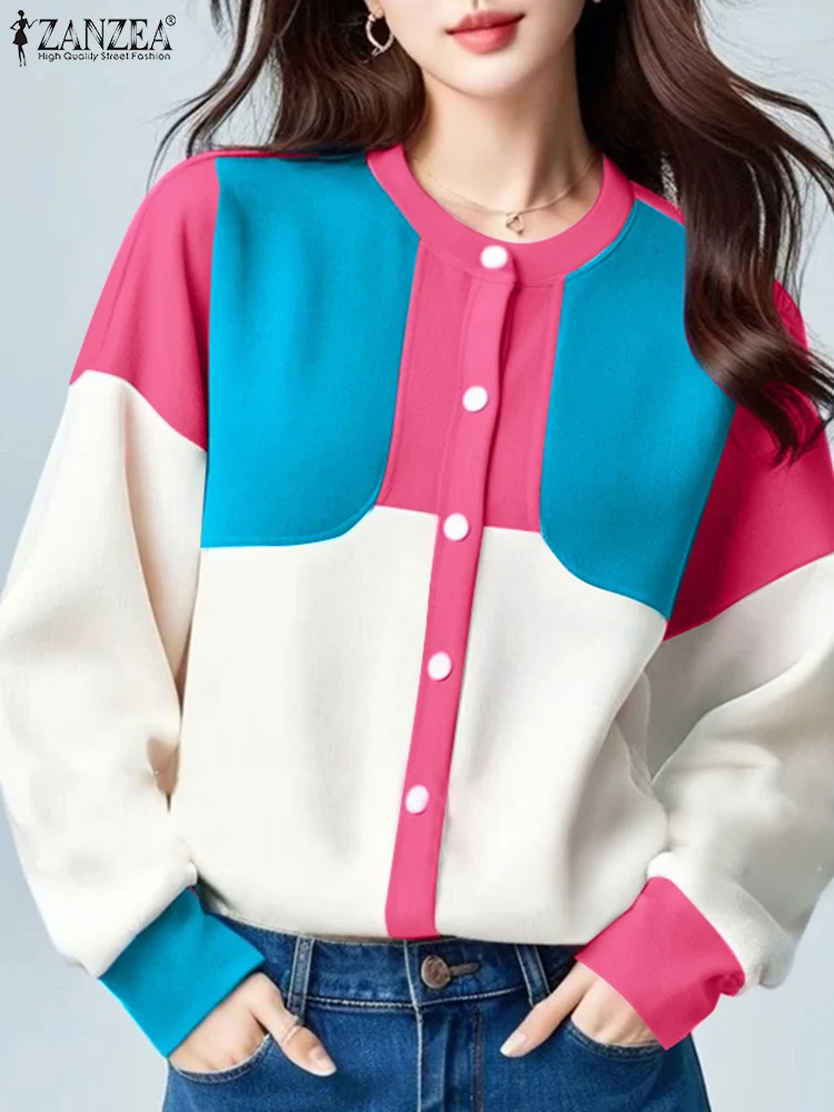 Casual Open Up Colorblock Eenvoudige Jassen ZANZEA Vrouwen Lange Mouwen Jassen 2024 Herfst Ronde Hals Outfits Mode Patchwork Tops