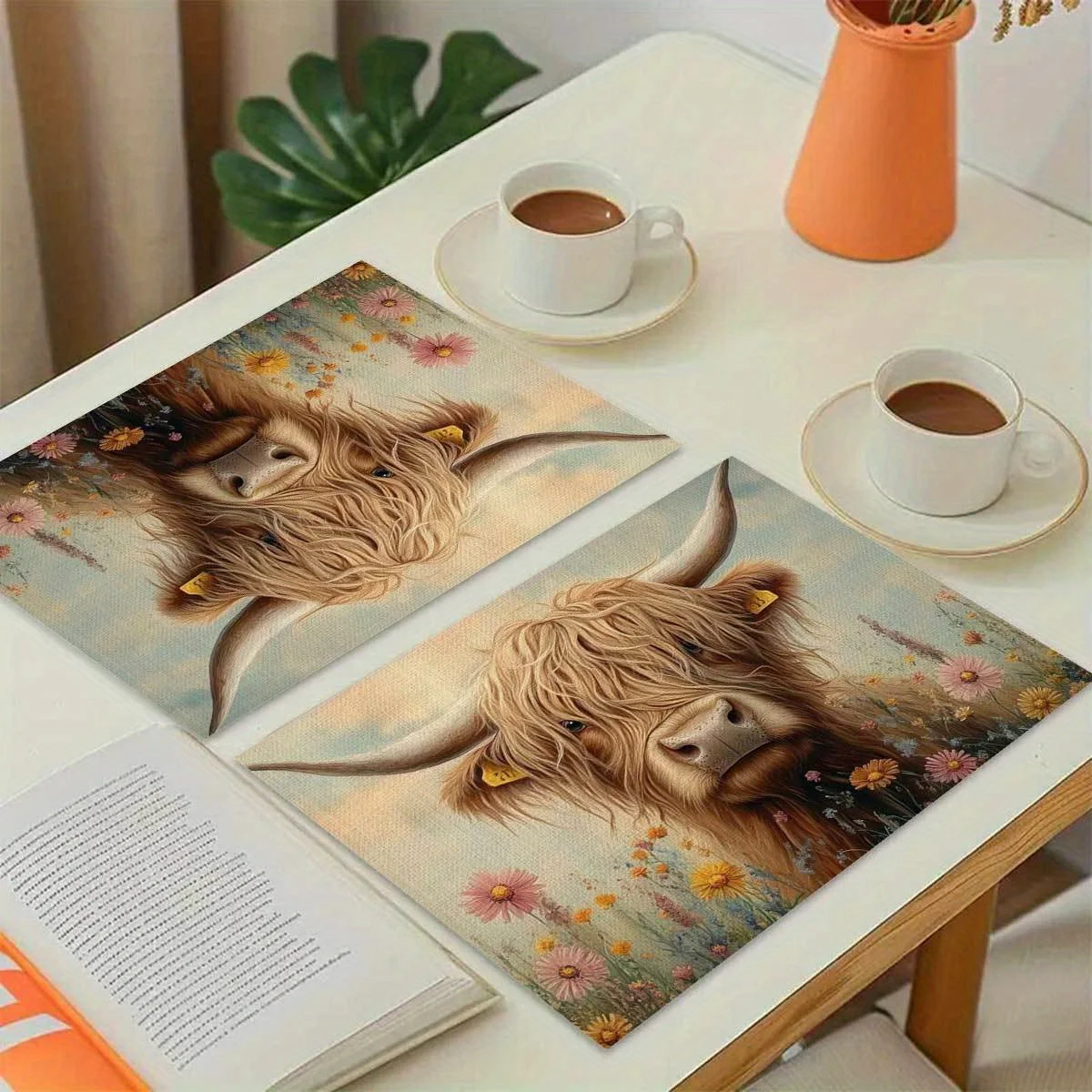 VIKAMA 4-Piece Scottish Highland Cow Placemats Floral Fabric Tablecloth for Afternoon Tea - Easy-Clean Home Dining Room Decor