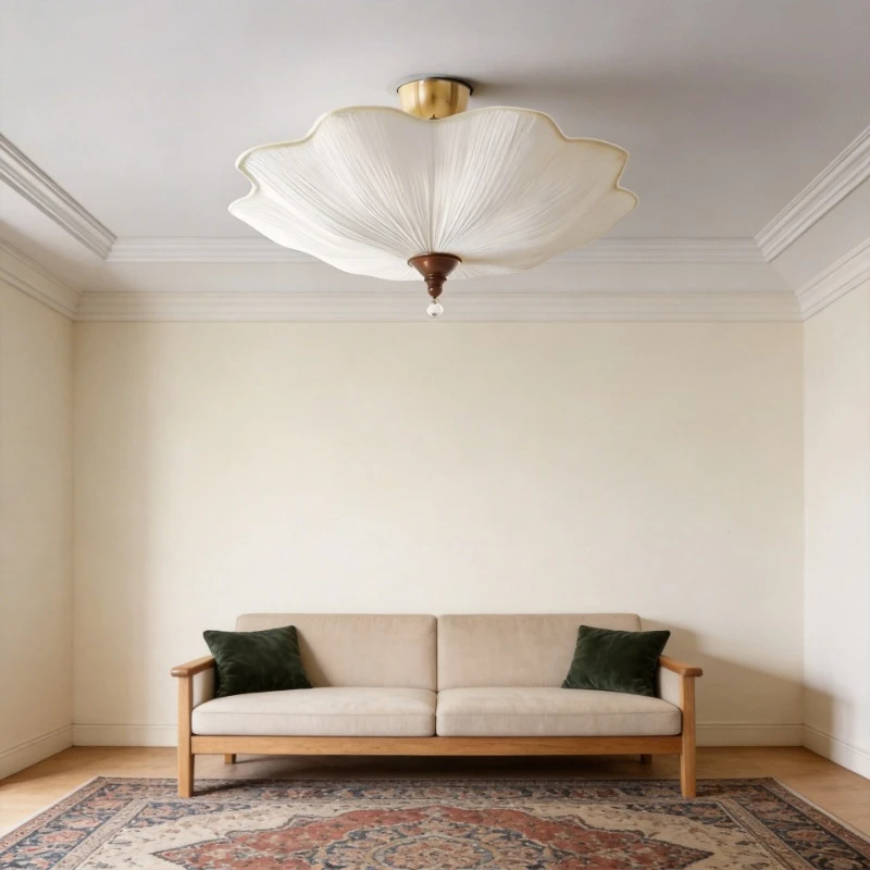 French Pleated Silk Fabric Ceiling Light With Gold Base For Bedroom Living Room Romantic Cream Style Interior Decor Ceiling Lamp