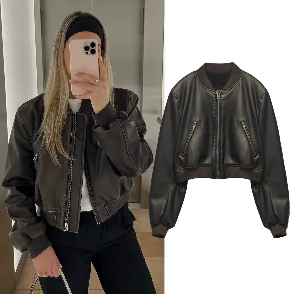 

Короткая однотонная куртка на молнии из искусственной кожи в винтажном стиле, повседневное универсальное кожаное пальто, зимняя мотоциклетная куртка-бомбер, пальто