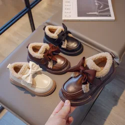 Children Plush Small Leather Shoes Thick Sole Bowknot Girls Shoes Winter New Warm Cotton Shoes Kids Loafers Toddler Casual Shoes