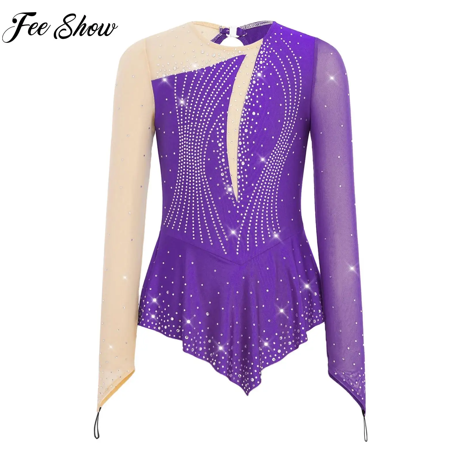 

Купальник для фигурного катания и танцев для девочек, с сетчатыми вставками и стразами, для балета, гимнастики, соревнований и тренировок