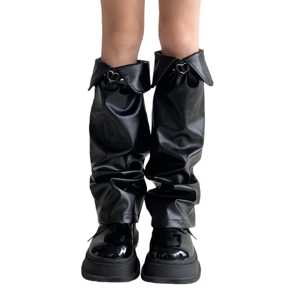 

Hot Girl Motorcycle Style Leg Warmers Stocks PU Leather Punk Lapel Strap Mid-calf Stockings Ins y2k accessories Long Women Boots