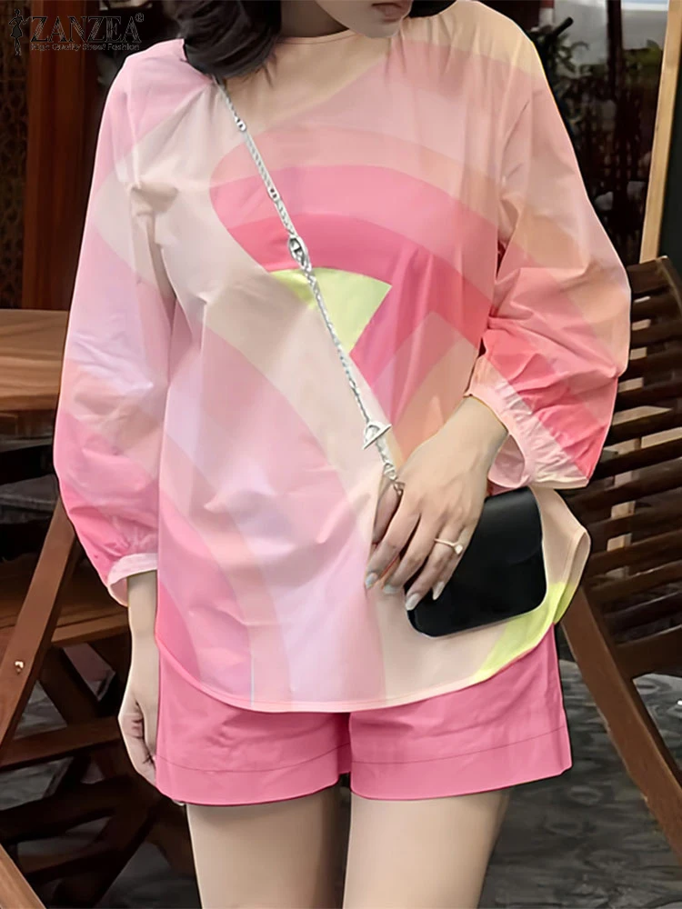 

ZANZEA Casual Color-Block 3/4 Sleeve Blouses 2 Piece Sets Woman Korean Fahsion Summer Solid Shorts Short Sets Two-Piece Outfits