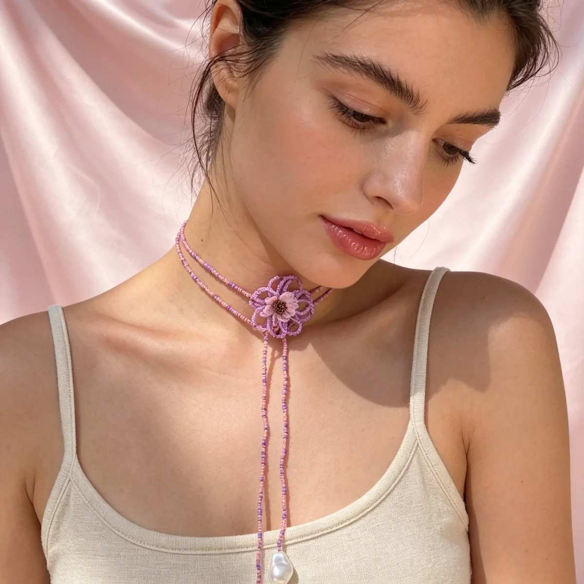 Böhmische handgefertigte Halskette mit gewebten Reisperlen und Blumenmuster für Damen, barocke Kunstperlen-Quastenkette, lange Pulloverkette, Schmuckstück – Detail 13