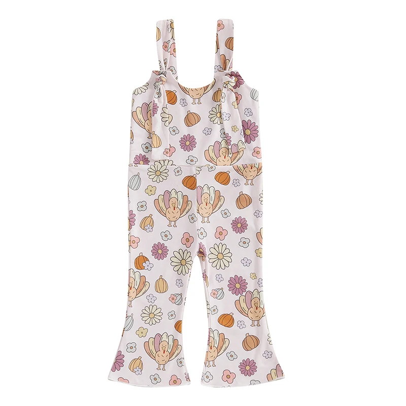 Toddler Girls Romper Jumpsuit Sleeveless Turkey Pumpkin Print Bell Bottom Overalls Kids Thanksgiving Clothes