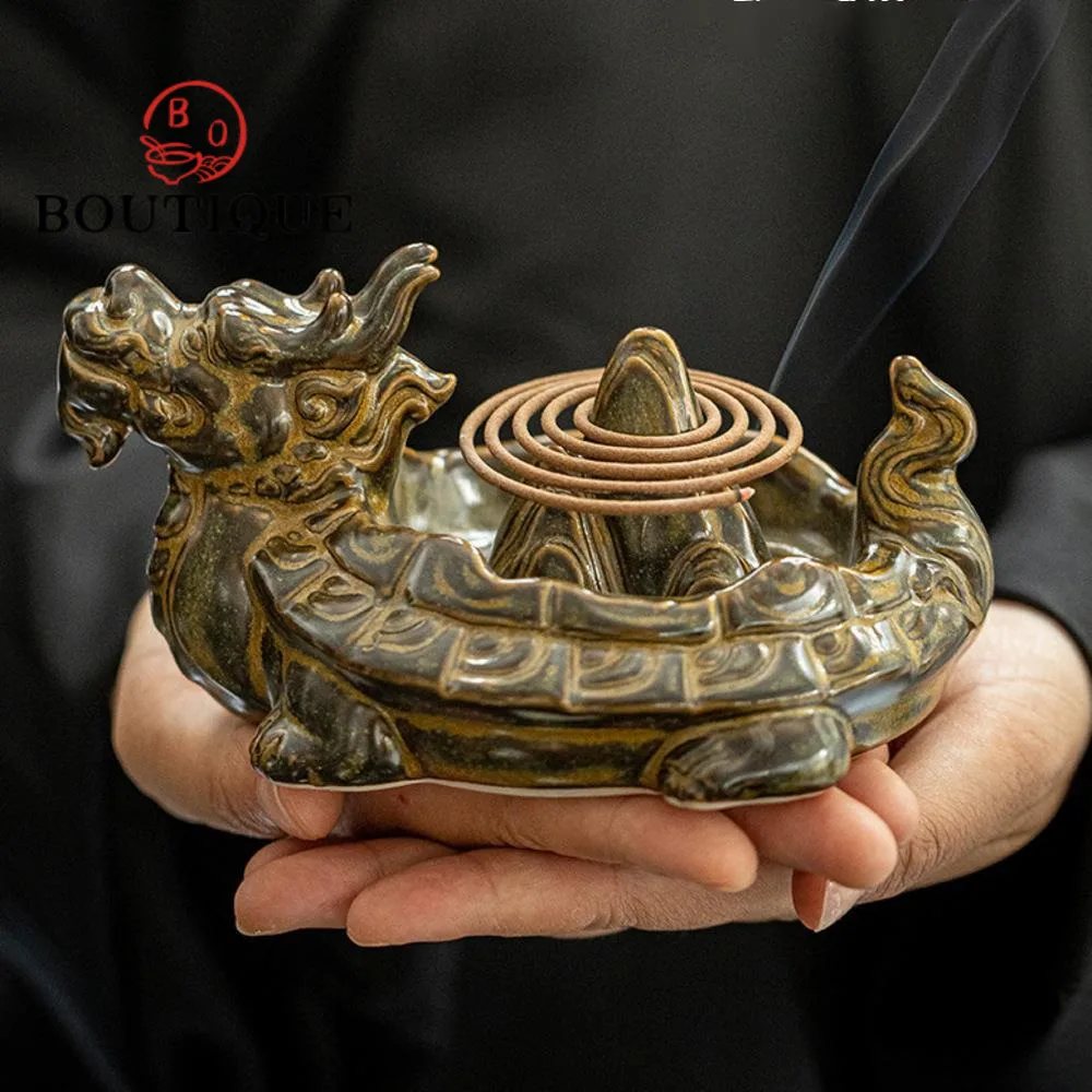 Zen Dragon Turtle Ceramic Incense Holder Japanese Water Fountain Decoration Scented Aromatic Candles Green Tea Cha Ornaments