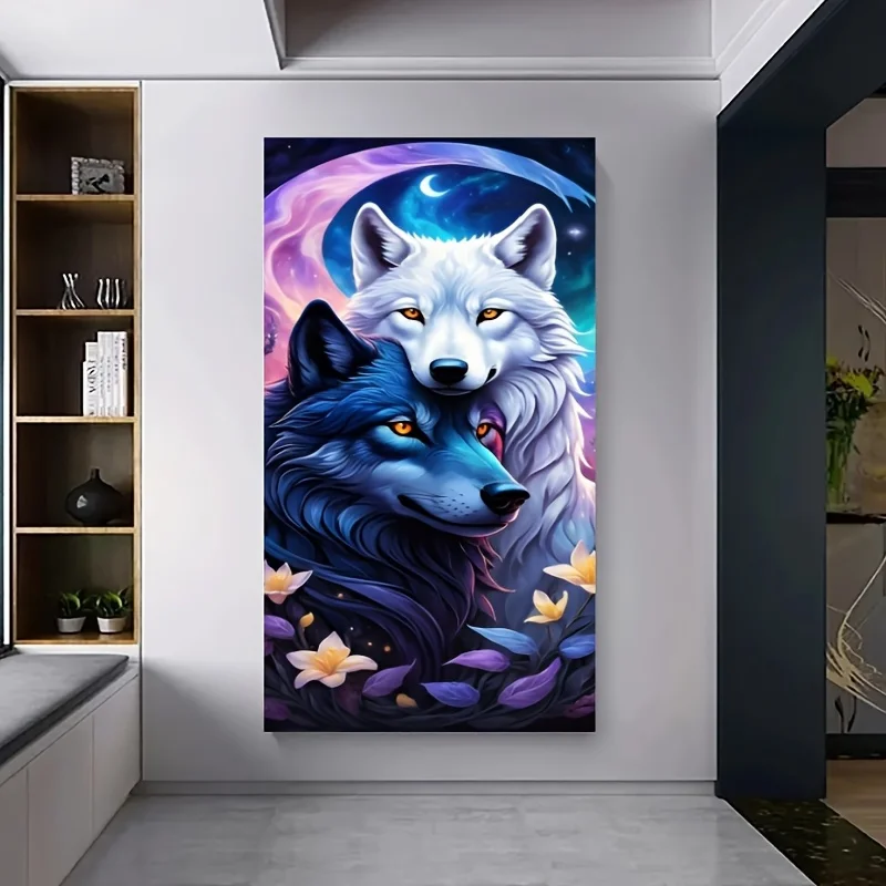 40X70CM/15.7X27.5in Frameless 5D Diamond Painting Set, Moonlit Wolves Love Diamond Painting, Full Artificial Diamond Art Embro