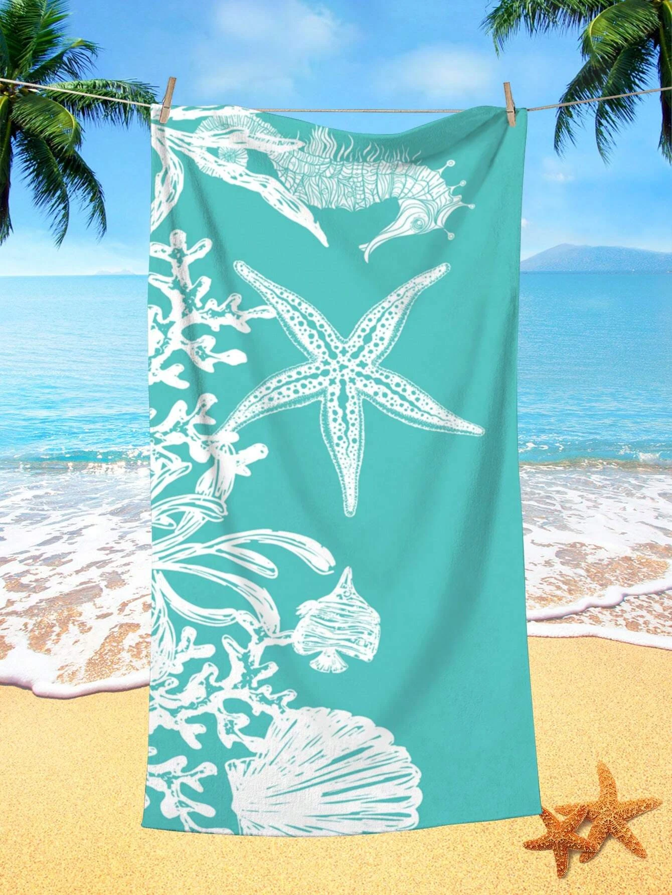 Turquoise Marine Life Beach Towel-Microfiber,Quick Drying, Machine Washable, Breathable，Beach Sea Star Seahorse Bath Towel, Gift