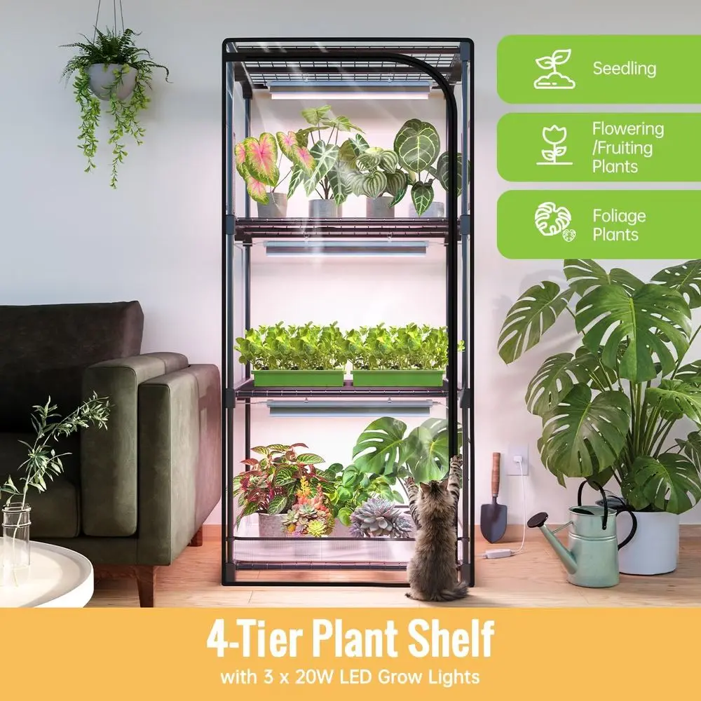 โรงเรือนปลูกต้นไม้ในร่ม 4 ชั้น พร้อมผ้าคลุม PVC แบบมีซิป ระบายอากาศ ช่องระบายน้ำด้านล่าง ไฟสเปกตรัมเต็ม 20 วัตต์ พร้อมตัวตั้งเวลา สำหรับต้นกล้า ขนาด 27 ลิตร