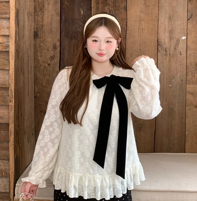 Large Size Women Beige Early Autumn New Elegant Lace Chiffon Shirt Fashion Versatile Age-reducing Bow Loose Long-sleeved Top