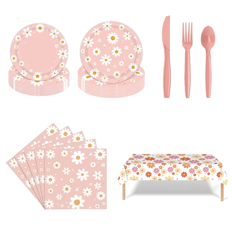 24pcs Pink Daisy Theme Disposable Tableware Disposable Party Plate Napkins Tablecloth Baby Shower Happy Birthday Party Supplies