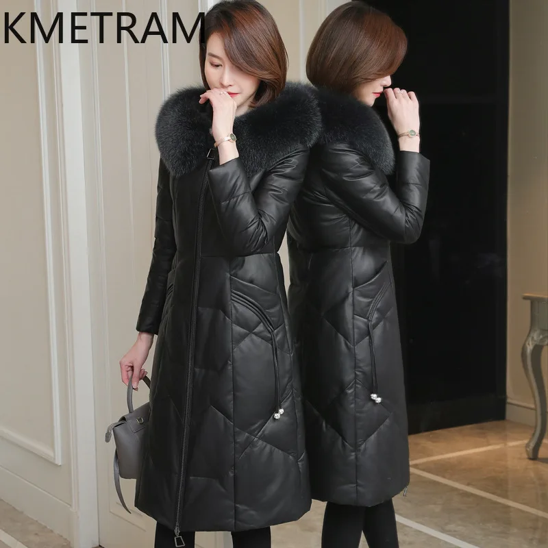 Piumino in piuma d'oca bianca Donna 100% pelle di pecora Piumini lunghi con cappuccio Collo in pelliccia di volpe Abbigliamento donna invernale 2025 ·хоislavк