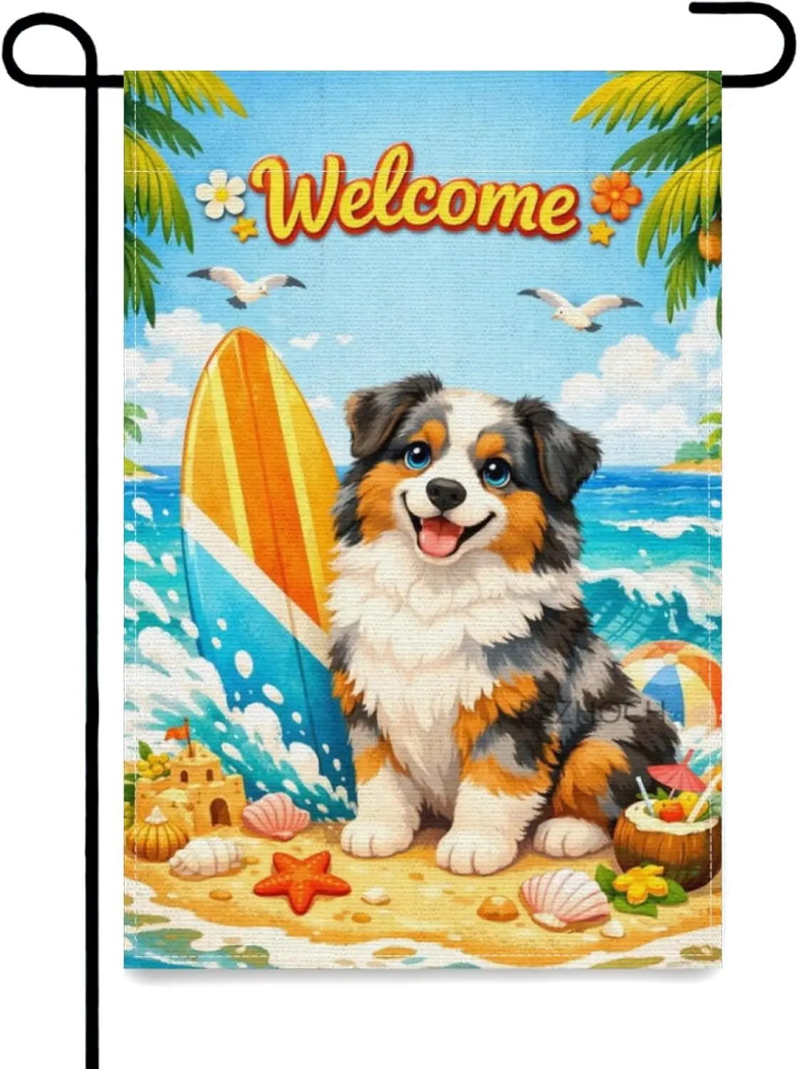 Summer Beach Funny Australian Shepherd Welcome Garden Flag 12x18Inch,Cute Animal Surfboard Ocean Waves Seashell Starfish Coa ZZM