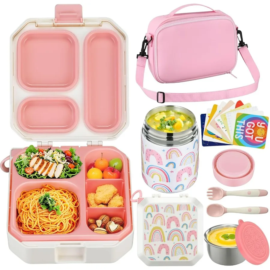 

Bento Lunch Box Set for Kids with 12oz Soup Thermo&Lunch Bag, Leak-Proof Lunch Food Containers for Kids School, 5 Compartment, S