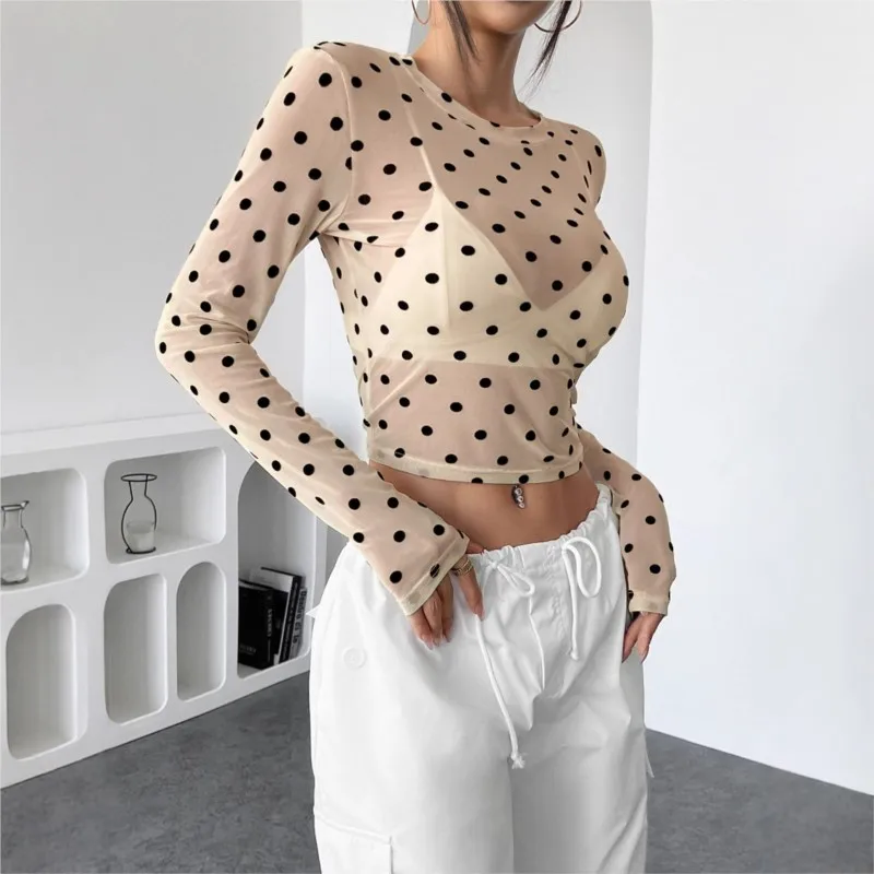 2025 Long Sleeve Blusas Chiffon Tops O Neck-round Woman Clothing  Vintage Slim Fresh And Sweet Commuting Perspective Polka Dots