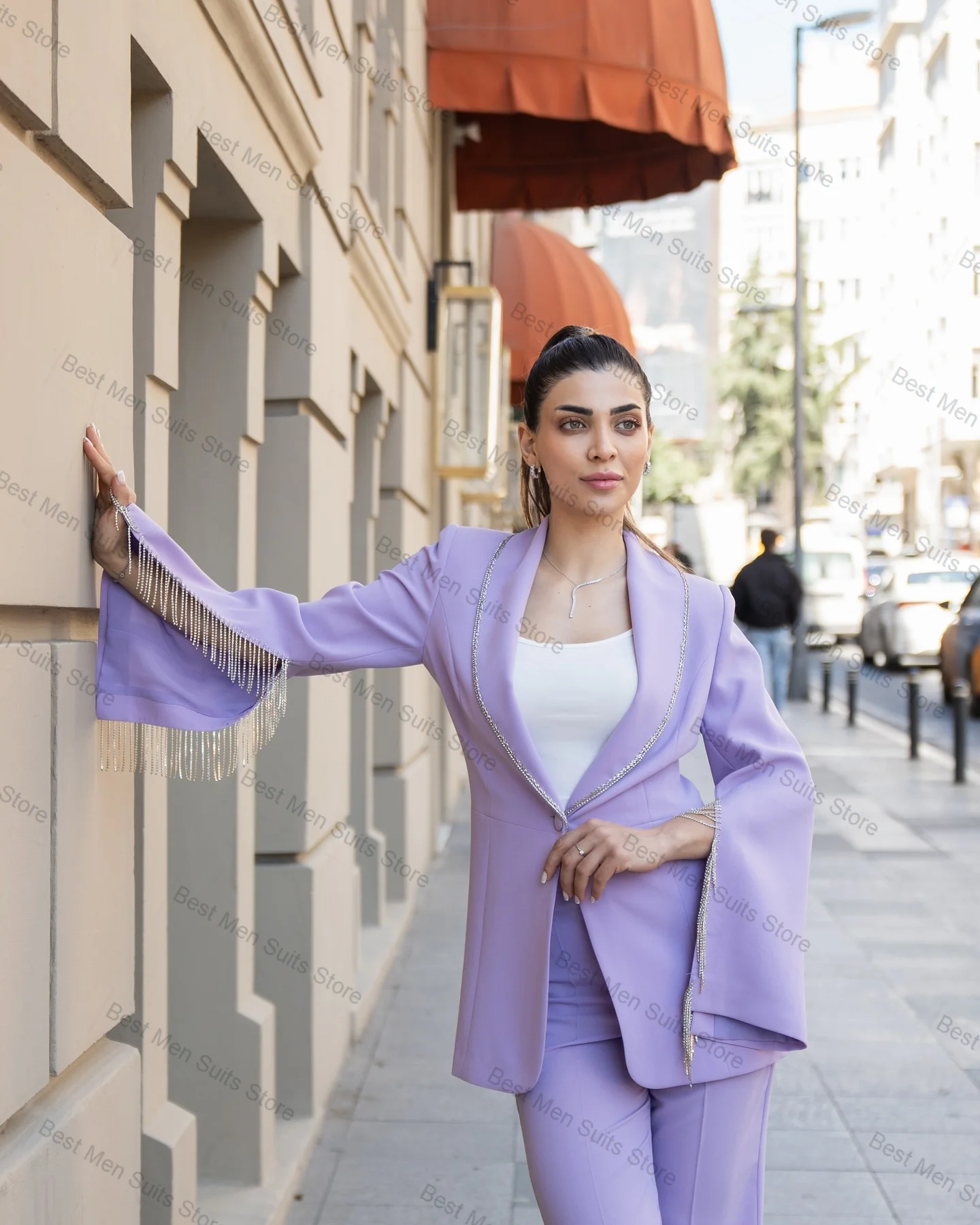 

Beading Women Suit Pants Set 2 Pcs Blazer+Pants Trousers Split Sleeves Formal Office Jacket Customized Wedding Guest Prom Coat