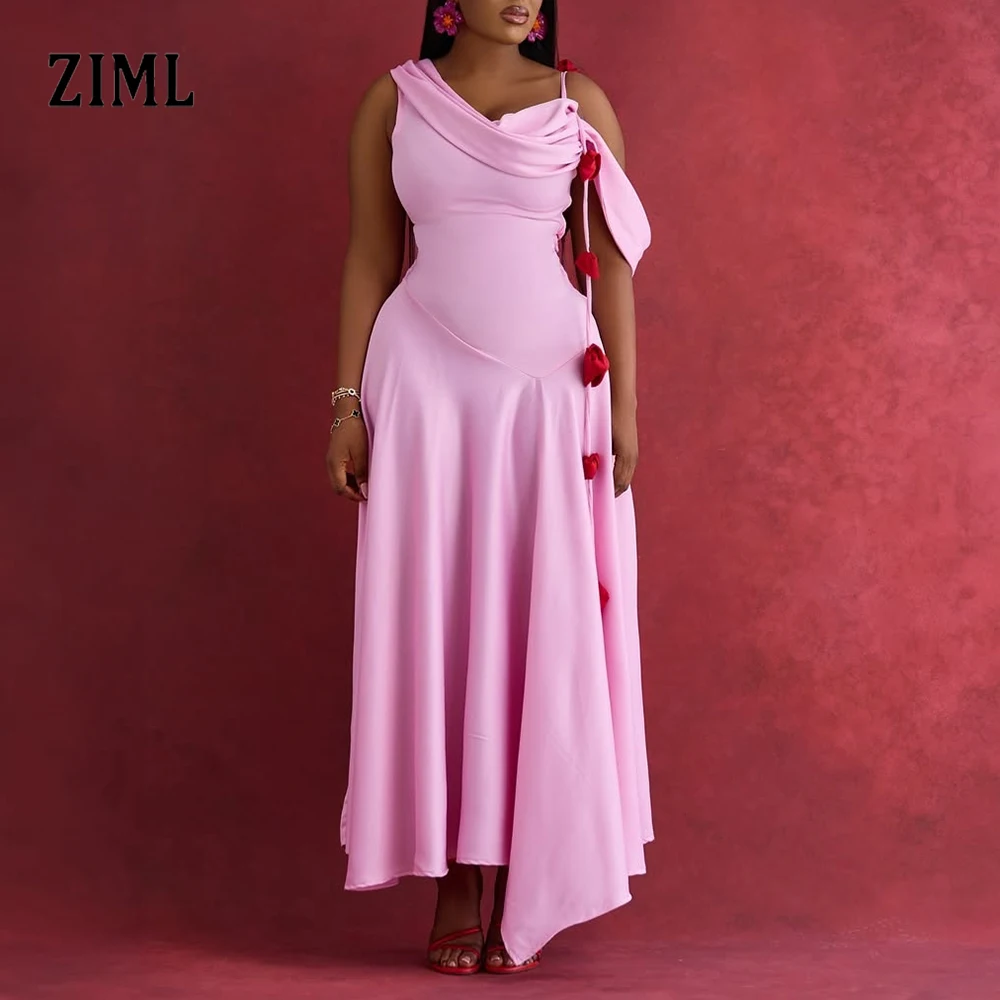 

ZIML Solid Spliced Appliques Slimming Backless Dresses for Women Diagonal Collar Sleeveless High Waist Temperament Dress Female