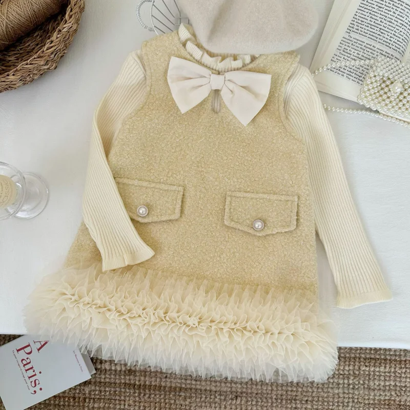 

Children's New Winter Set for Girls: Cream Yellow Vest with Fleece Skirt and Off-White Sweater Two-Piece Set