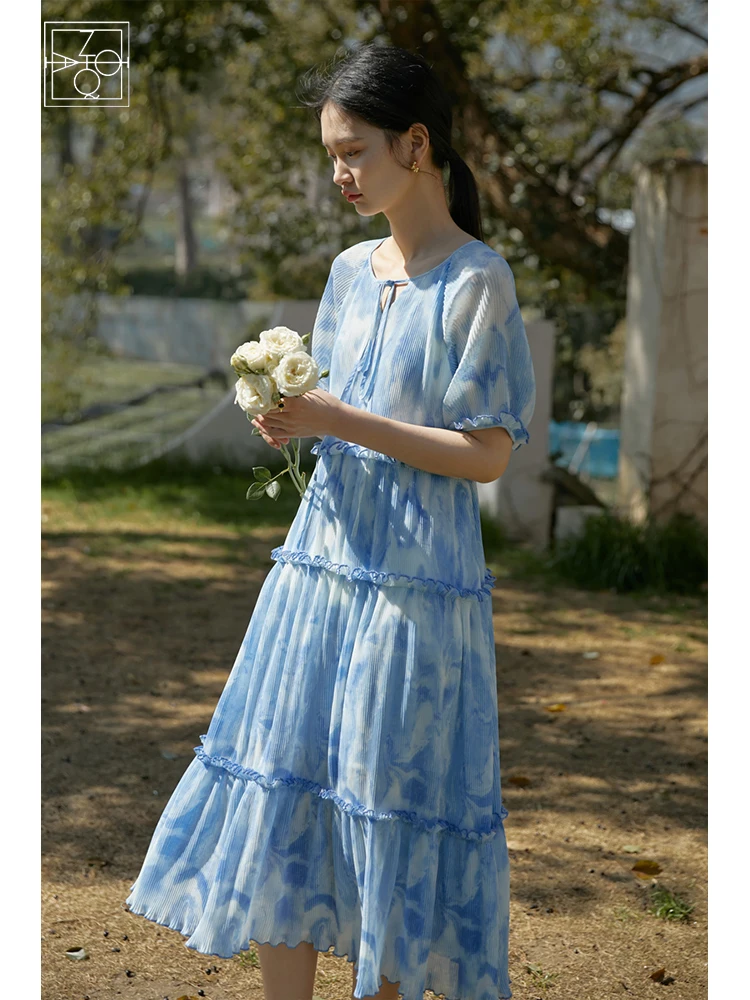 

ZIQIAO Lace Neck Blue Summer Thin Long Chiffon Dress A-LINE Skirt Japanese Office Lady Cotton Casual Watercolor Print Maxi Dress
