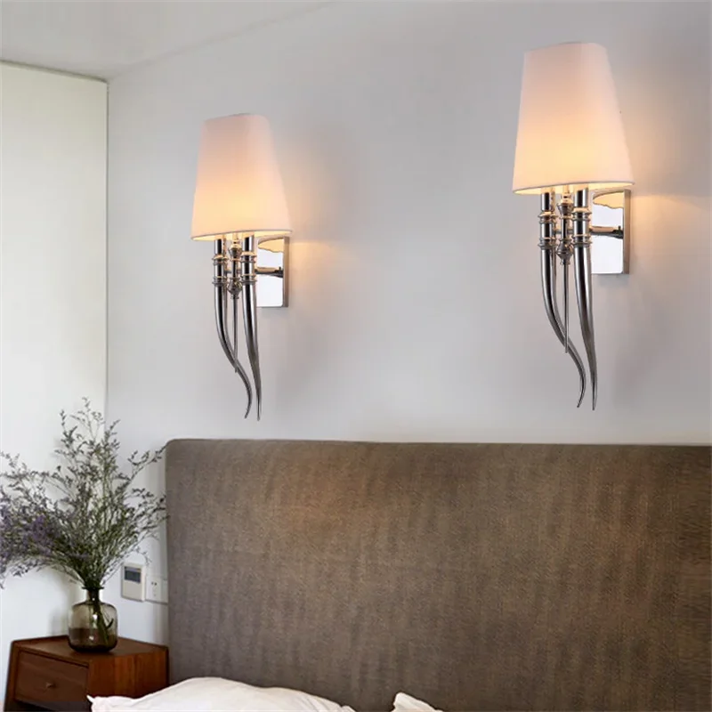 Modern Iron Claw Horn Cloth Wall Light Bedroom Bedside Wall Lamp E27 Luminaire Double Slider Wall Sconce Light Fixtures