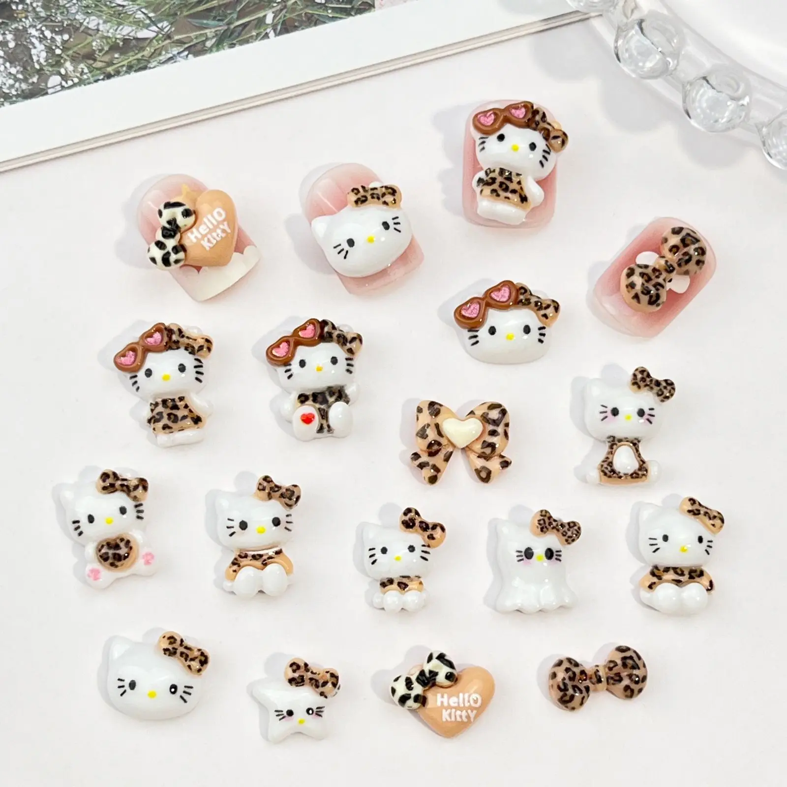 20Pcs Mixed Kawaii Leopard Print Hello Kitty Nail Charms Cartoon Bow Charms Dress Up Series Girl Cute Handmade Nails Accessories