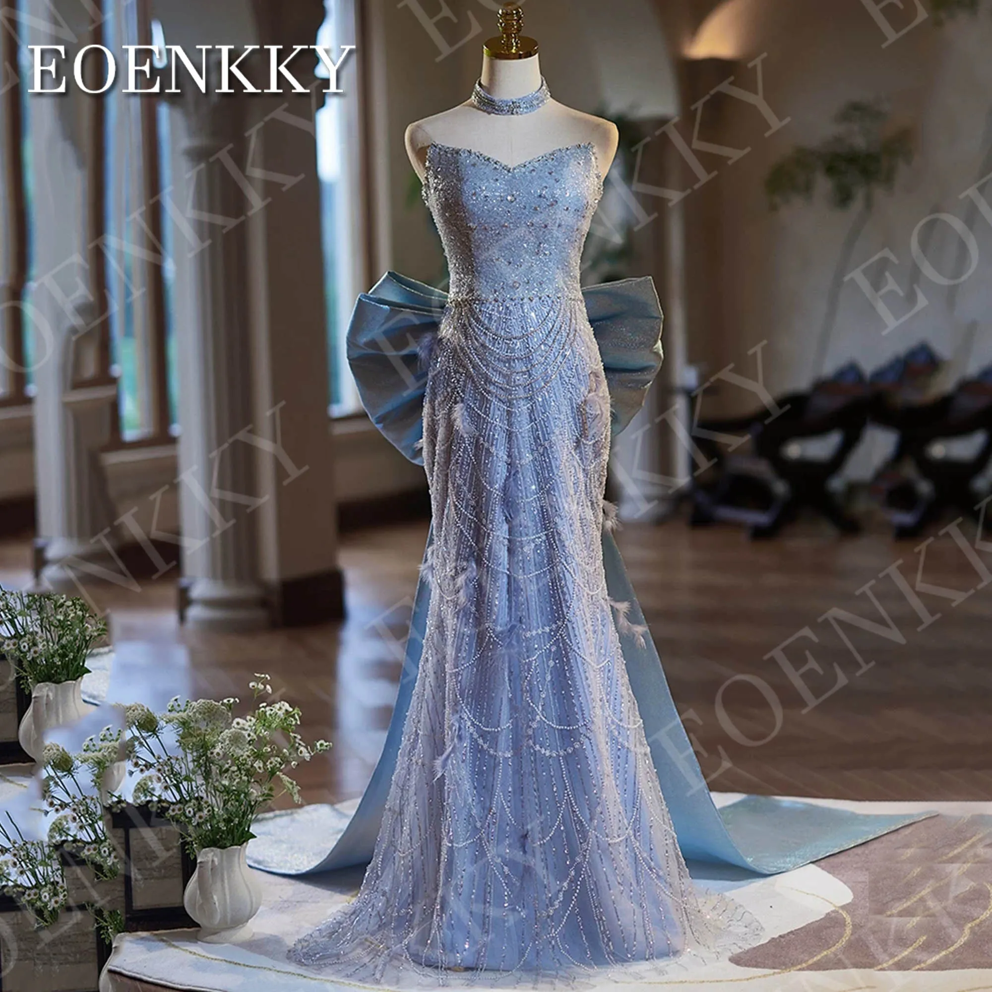 

EOENKKY Luxury Mermaid Evening Dresses Sleeveless V Neck Blue Strapless Sparkly Beaded Red Carpet Dress Customized فساتين سهرة