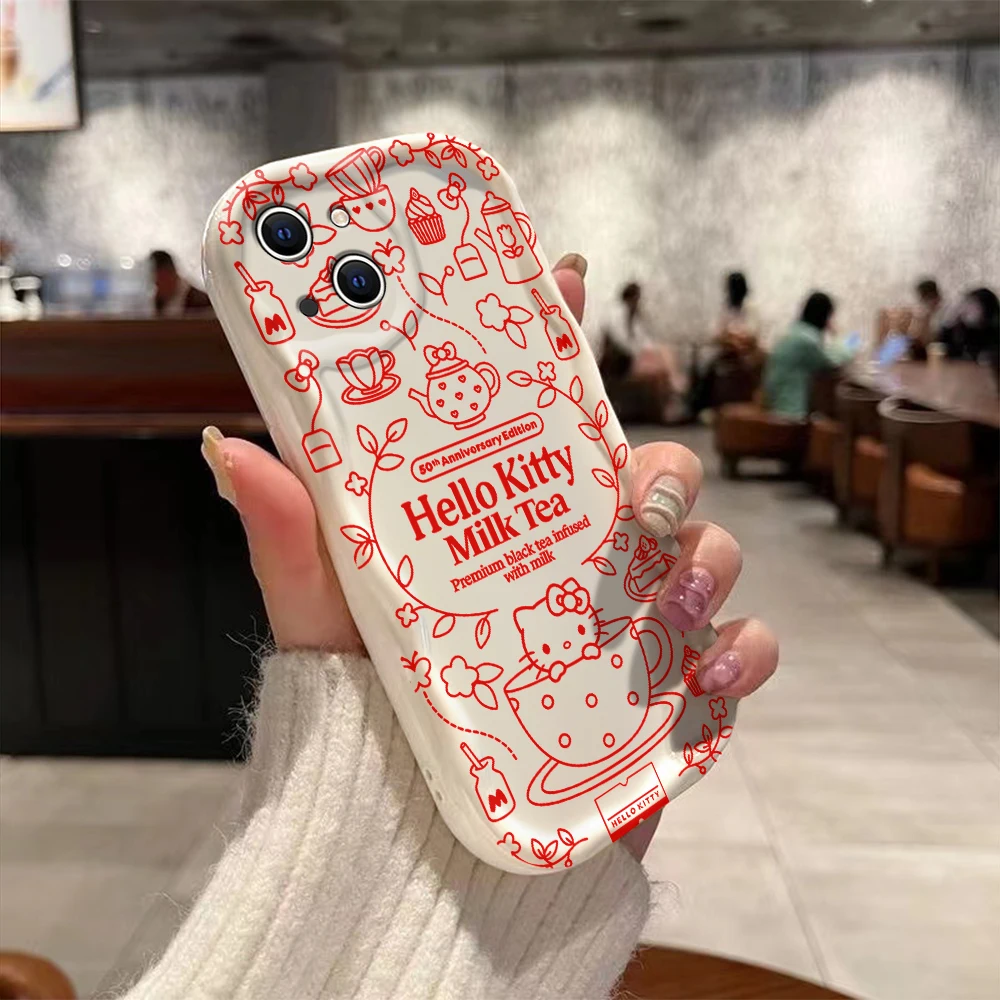 Cute Milk tea Red Hellos Kittys 3D Wave Case For iPhone 15 14 13 12 11 Pro Max Mini X XR XSMAX 8 7 6S Plus Soft Silicone Cover