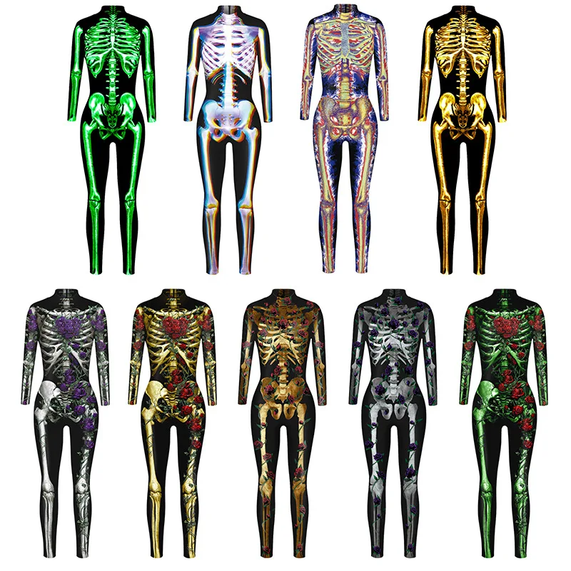 Color Cosplayer Fancy Skeleton Jumpsuit Carnival Party Cosplay Costume Halloween Catsuit Outfit Day of The Dead Bodysuit