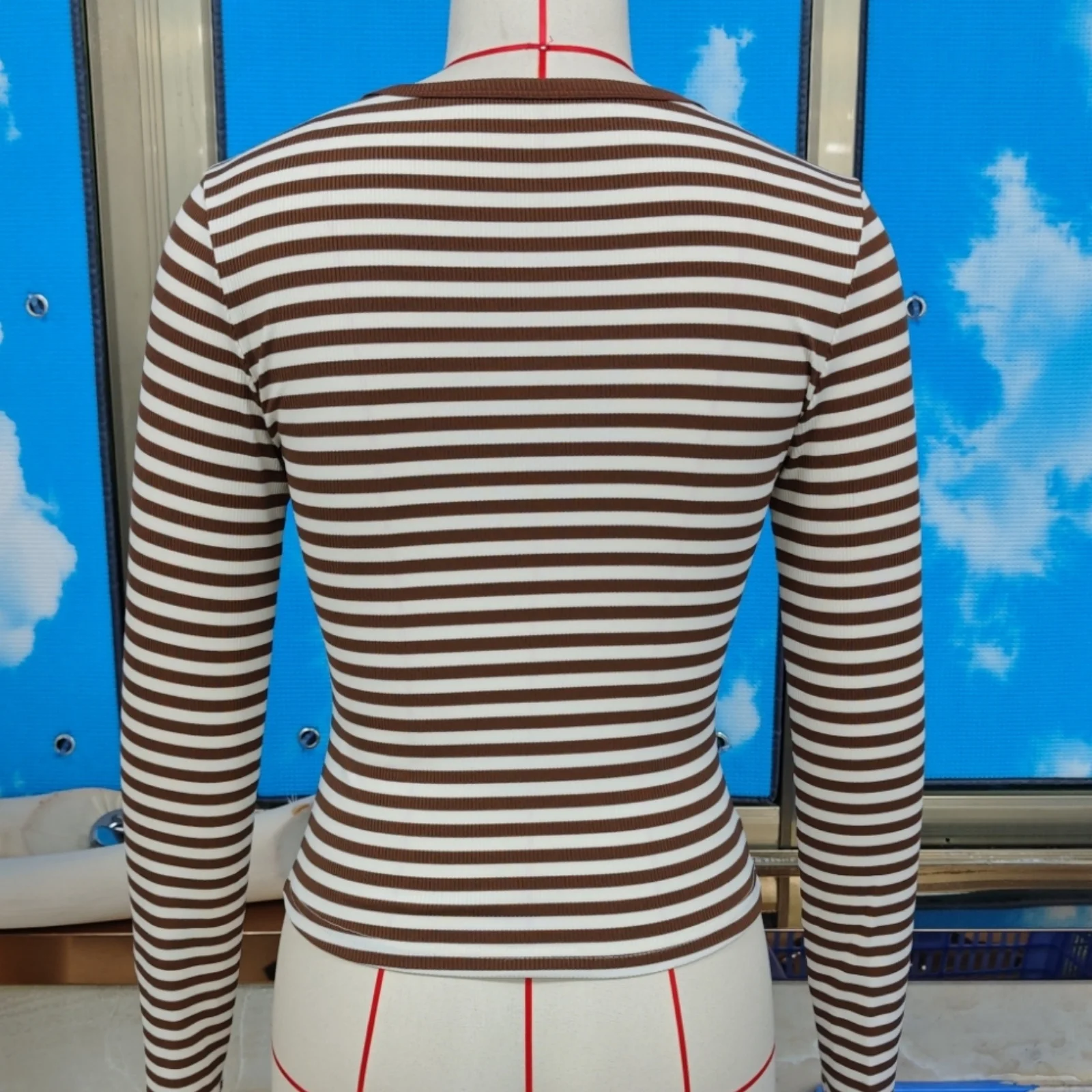 Casual Long Sleeve Brown White Striped T-shirts for Women Button Front Spring Fall Vintage Pullover Tops for Daily Wear