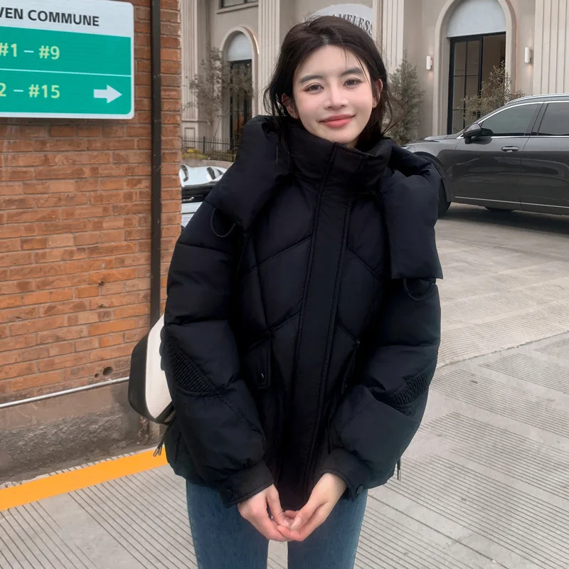 Short Coats Parkas Women Hooded Zipper Jackets Stand Collar Solid Thick Warm Y2k Streetwear Elegant Jacket Autumn Winter 2025