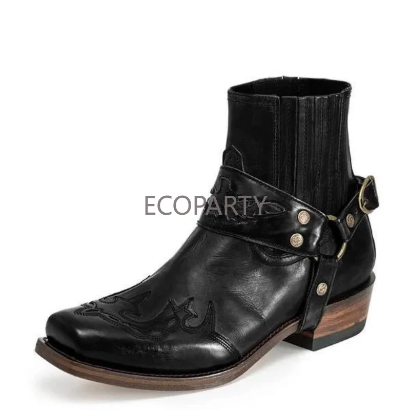 Men's Leather Nonslip Square Head Toe Metal Buckle Low Heeled Casual Roman Style Retro Shoes Winter Outdoor Cowboy Shoes Warm