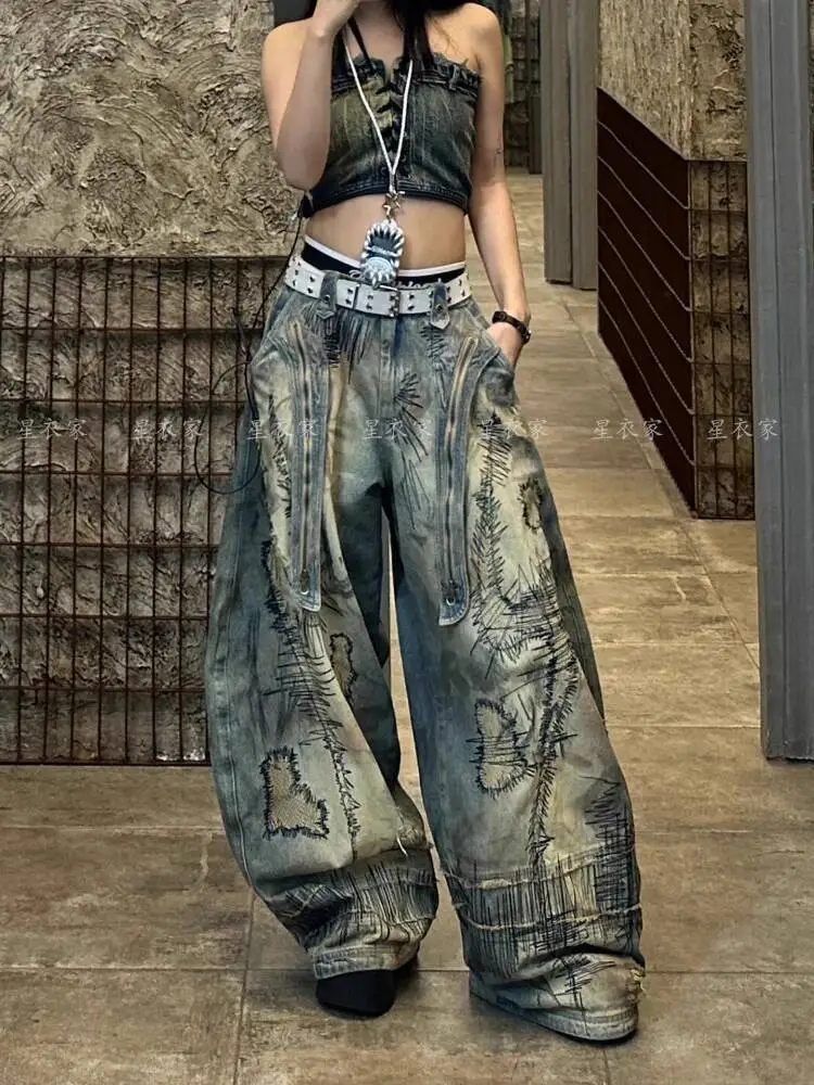 

Unisex Jeans 2025 Autumn Winter Women's Retro Distressed Man Denim Pants Random Embroidery Y2K Street Punk Flare Wide Leg Pants