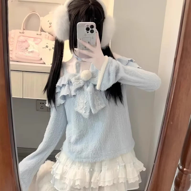 Japanische Kawaii Lolita Stil Gestrickte Pullover Frauen Niedlichen Kaninchen Ohren Bogen Off Schulter Pullover Weibliche Süße Blaue Strickwaren Tops