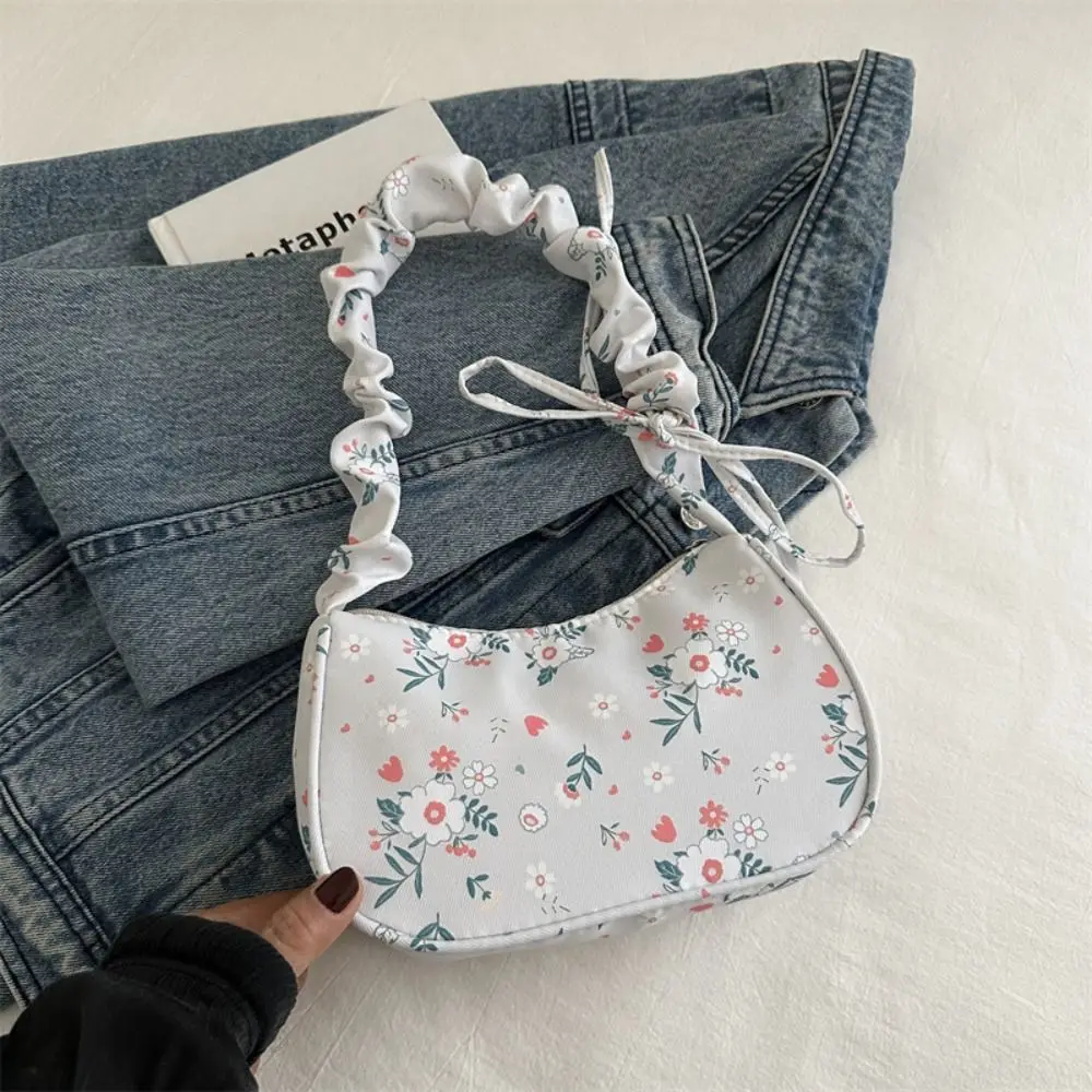 

Cute Flower Pattern Printing Shoulder Bag Large Capacity Bow Sweet Canvas Bag Wrinkle Underarm Bag Lovely Tote Bag Travel